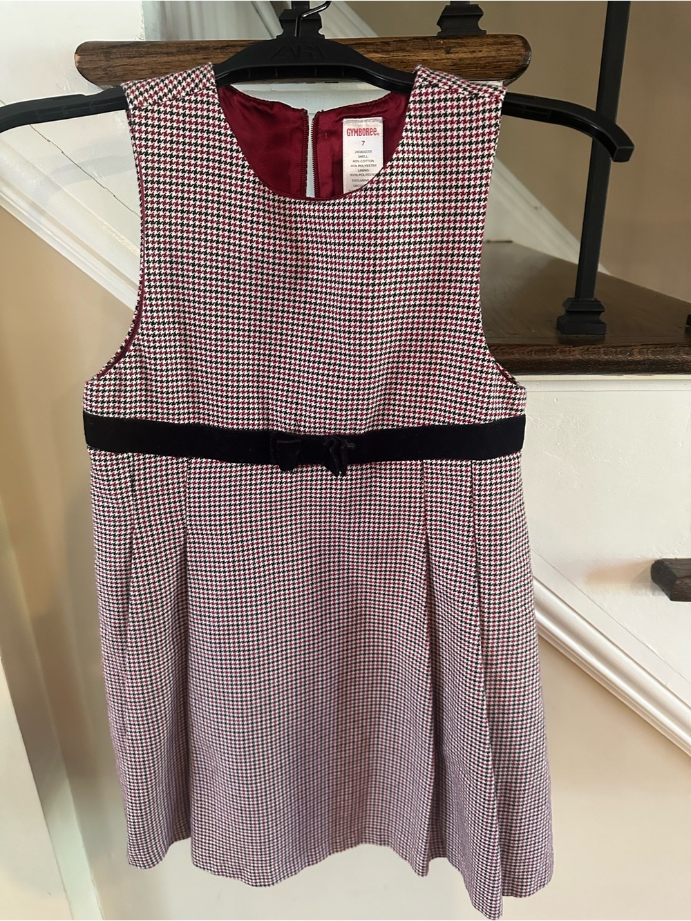 Gymboree Burgundy and White Houndstooth Dress with Black Velvet Bow